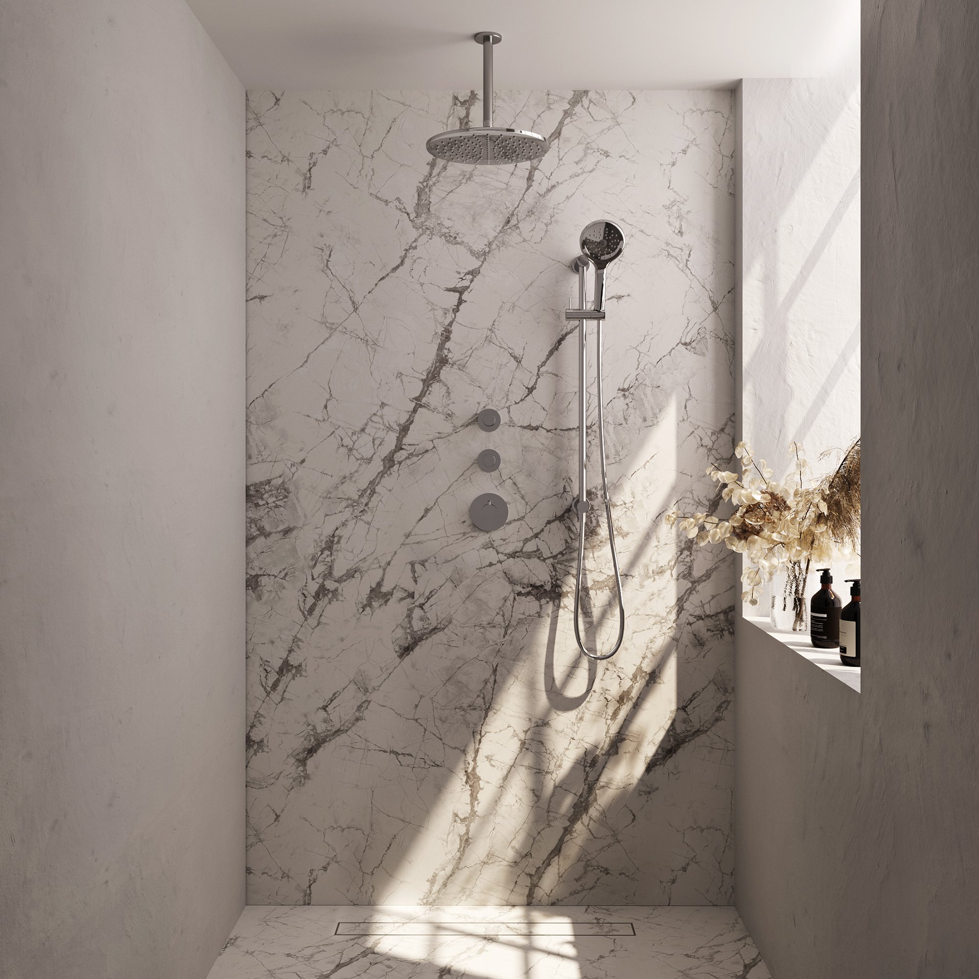 Brauer Chrome Carving Inbouw Doucheset - 3-Standen Handdouche Rond - 30 cm Hoofddouche - Plafondbuis - 5-CE-120 - Afbeelding 2