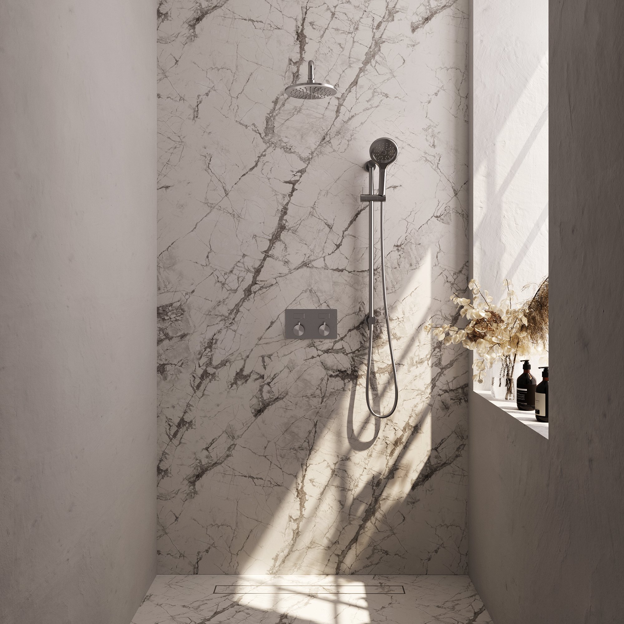 Brauer Brushed Carving Inbouw Doucheset - 3-Standen Handdouche Rond - 20 cm Hoofddouche - Gebogen Wandarm - 5-NG-204 - Afbeelding 2