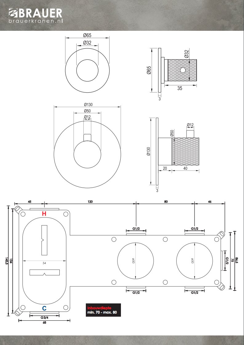 Brauer Black Carving Inbouw Badkraan - Zonder Uitloop - 3-standen Handdouche Rond - 5-S-096 - Afbeelding 10