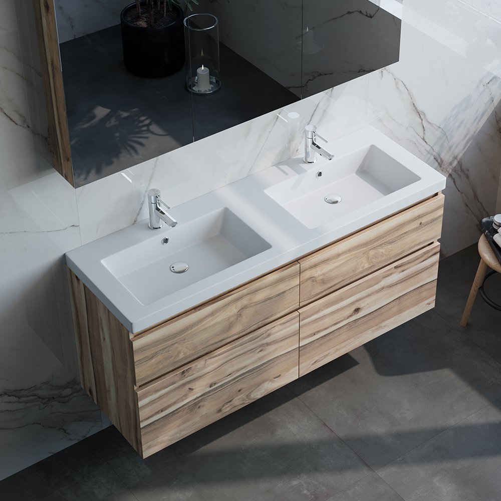 Brauer Solar Medium Wastafel - 139 cm x 45,7 cm - 2 Wasbakken - 2 Kraangaten - Wit - WT-SOM1402MW - Afbeelding 3