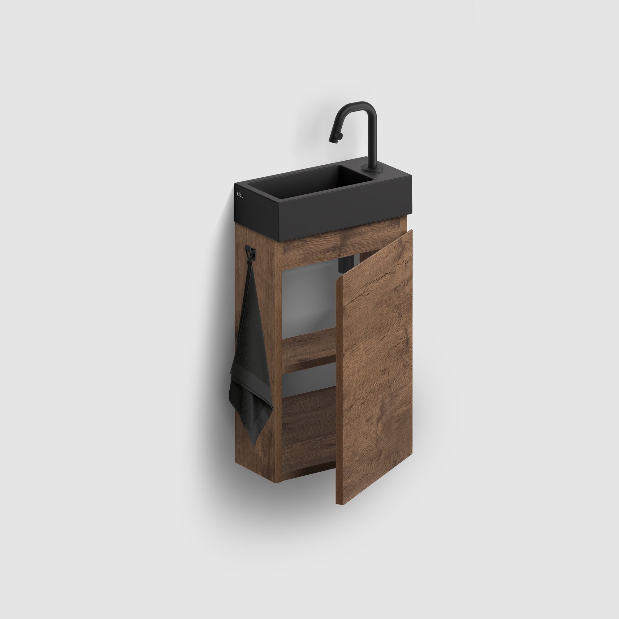 Clou Flush 3 fonteinmeubel 36x18cm keramiek - donker eiken rechts - met kraangat - mat zwart - CL/03.12030 - IB/07.16.7036.64.R - Afbeelding 2