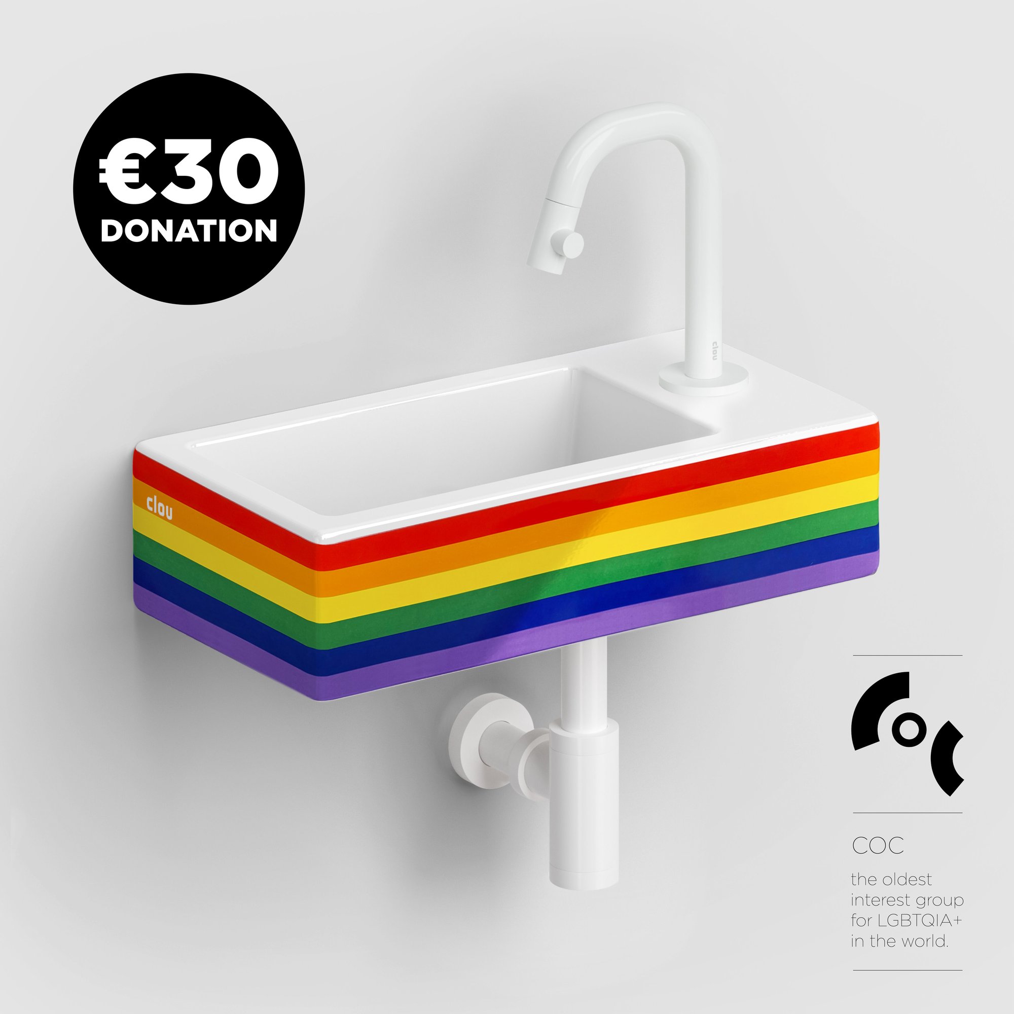 Clou Flush 3 fontein 36x18cm keramiek - met kraangat - rechts - regenboog LGBTQIA+ - CL/03.69030 - Afbeelding 3