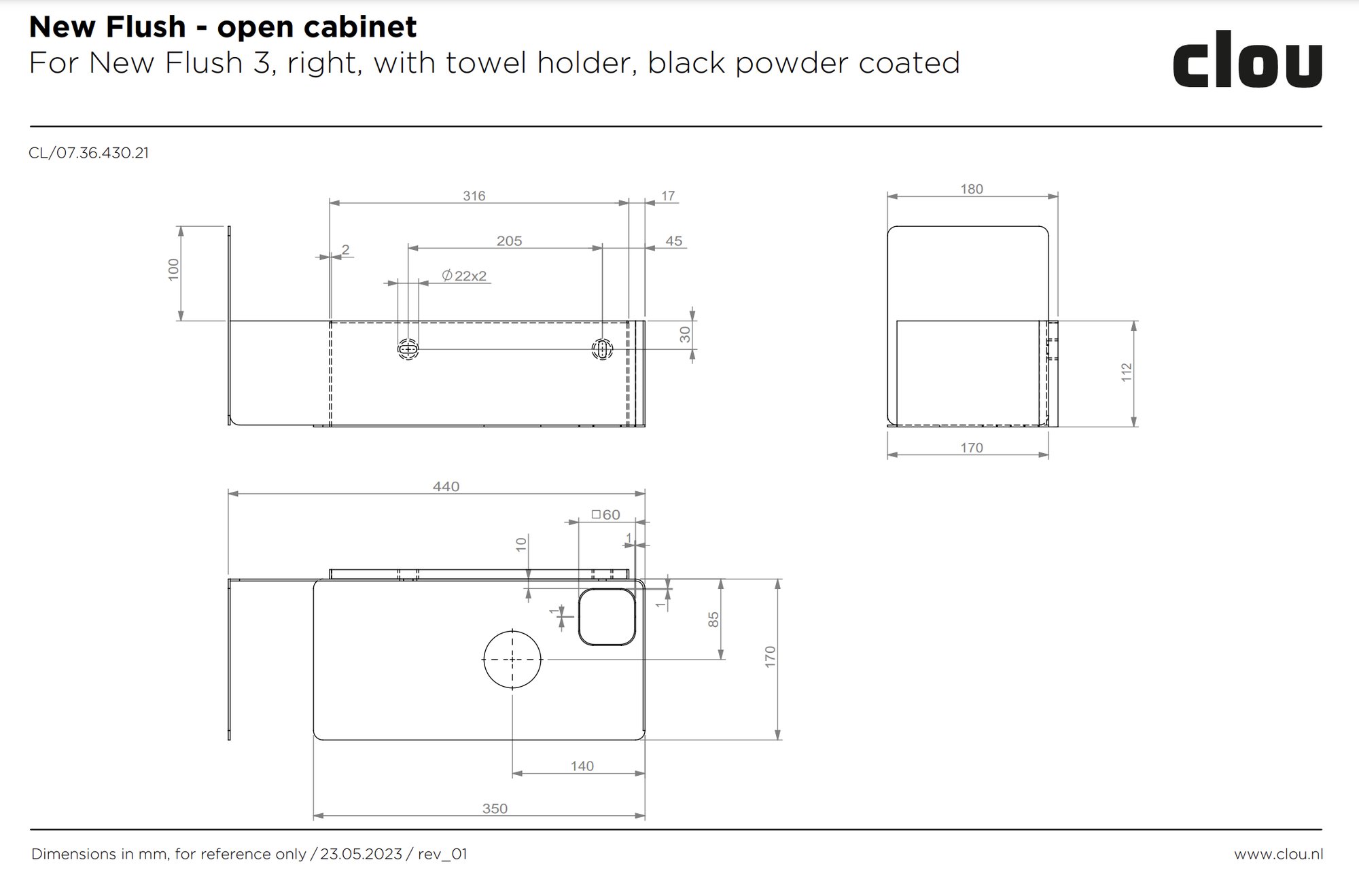 Clou Flush open kast - tbv New Flush 3 rechts - zwart gepoedercoat rvs - CL/07.36.430.21 - Afbeelding 4