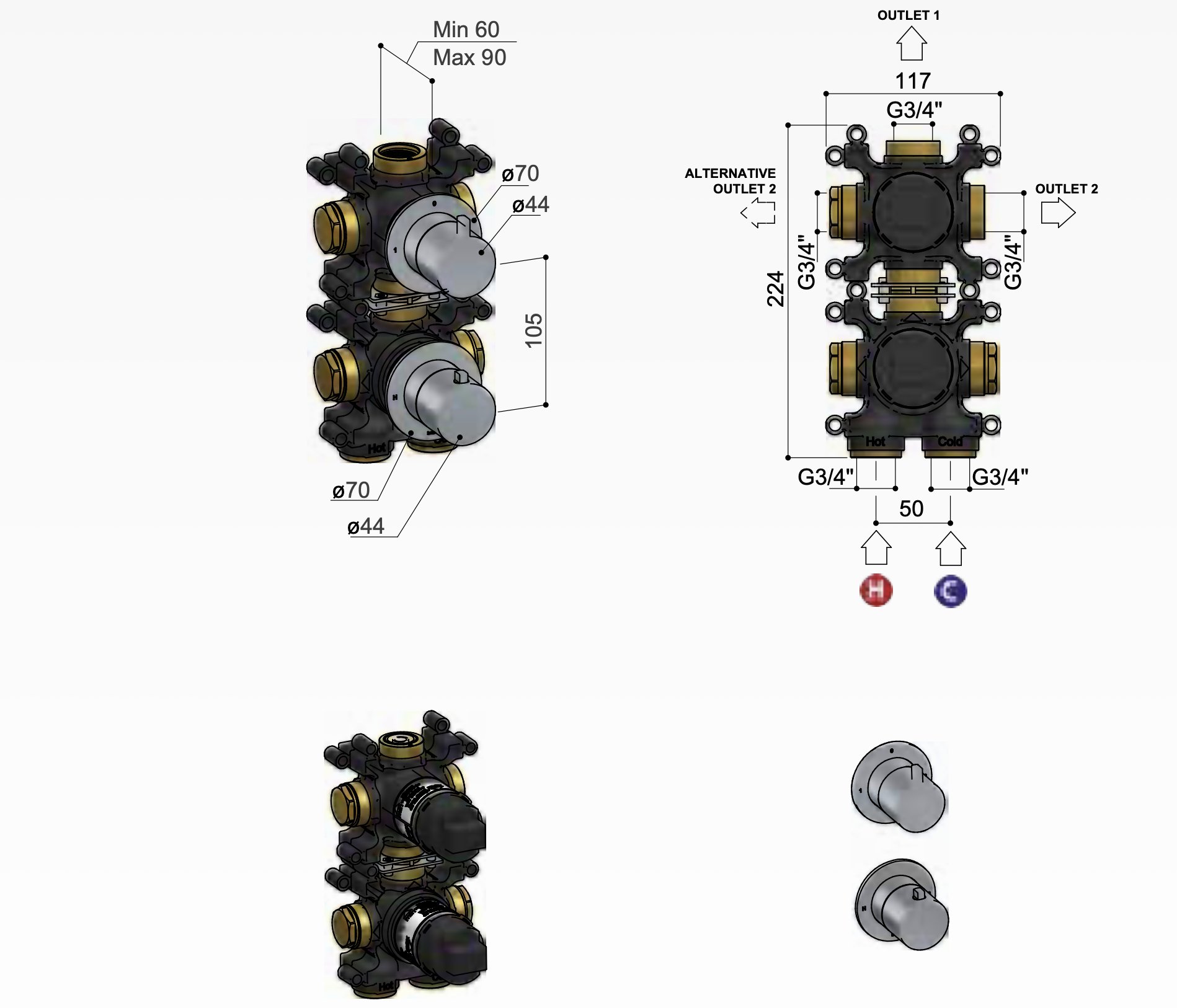 Hotbath Ace Thermostaat Set - Met 2 Stopkranen - Geborsteld messing PVD - AC009EXTBBP - Afbeelding 2