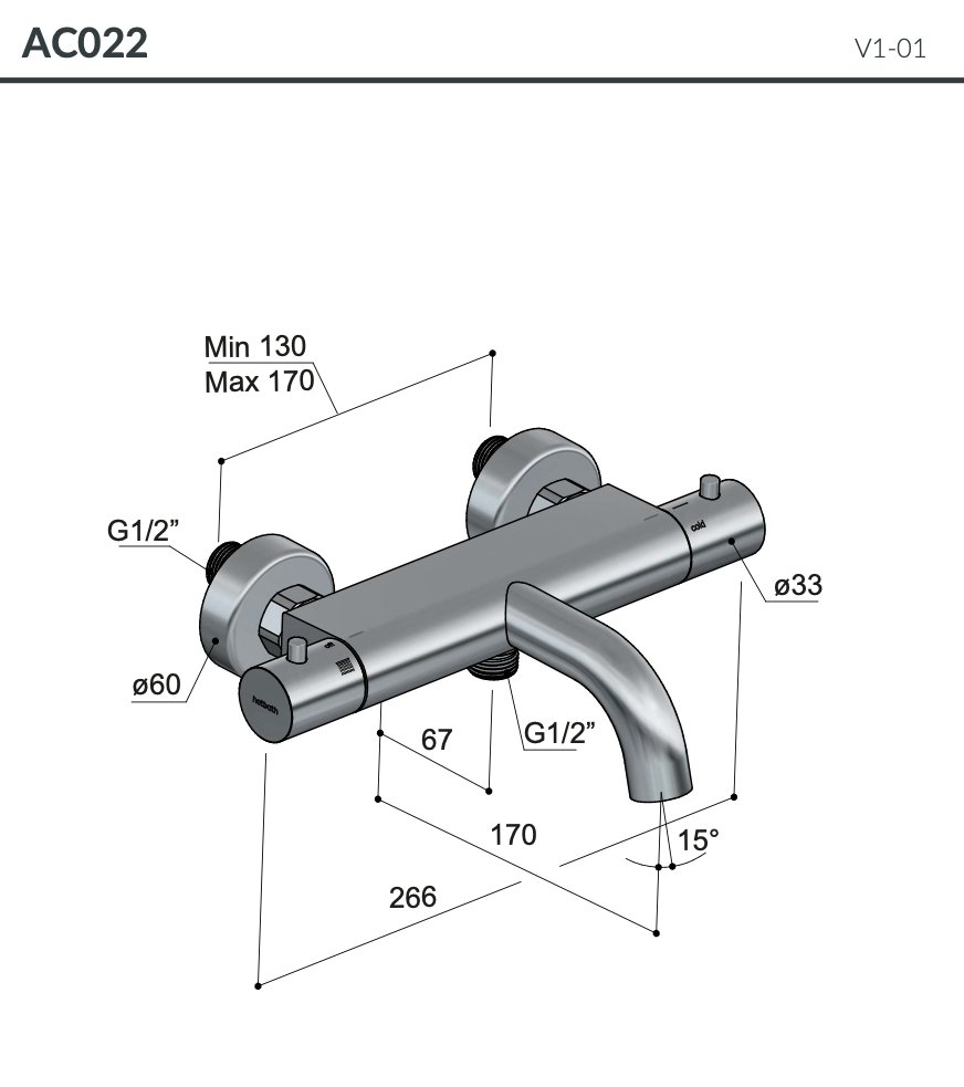 Hotbath Ace Thermostaatkraan - Wand Montage - Gepolijst zwart PVD - AC022PBP - Afbeelding 2