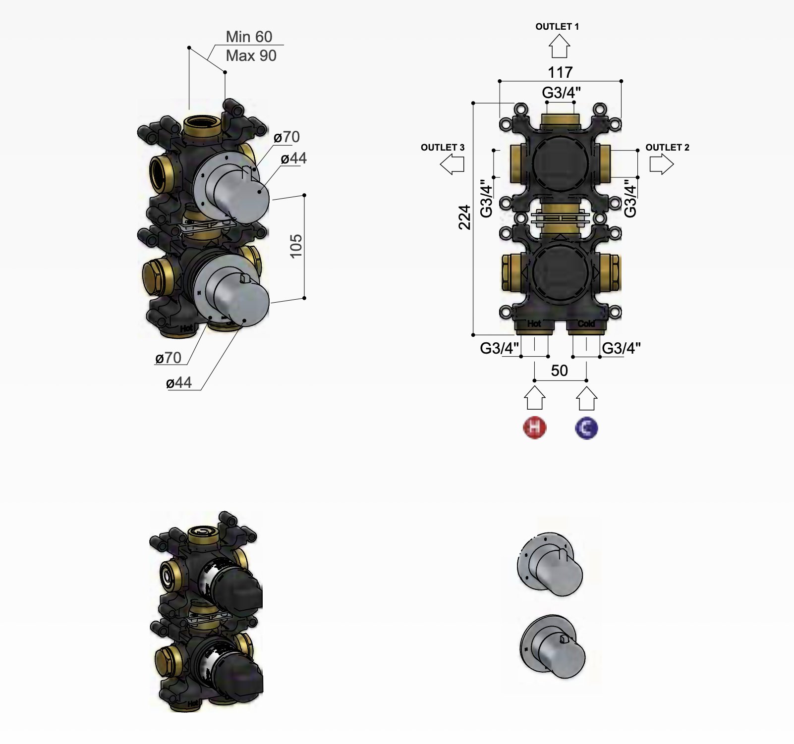 Hotbath Ace Thermostaat Set - Geborsteld koper PVD - AC039EXTBCP - Afbeelding 2