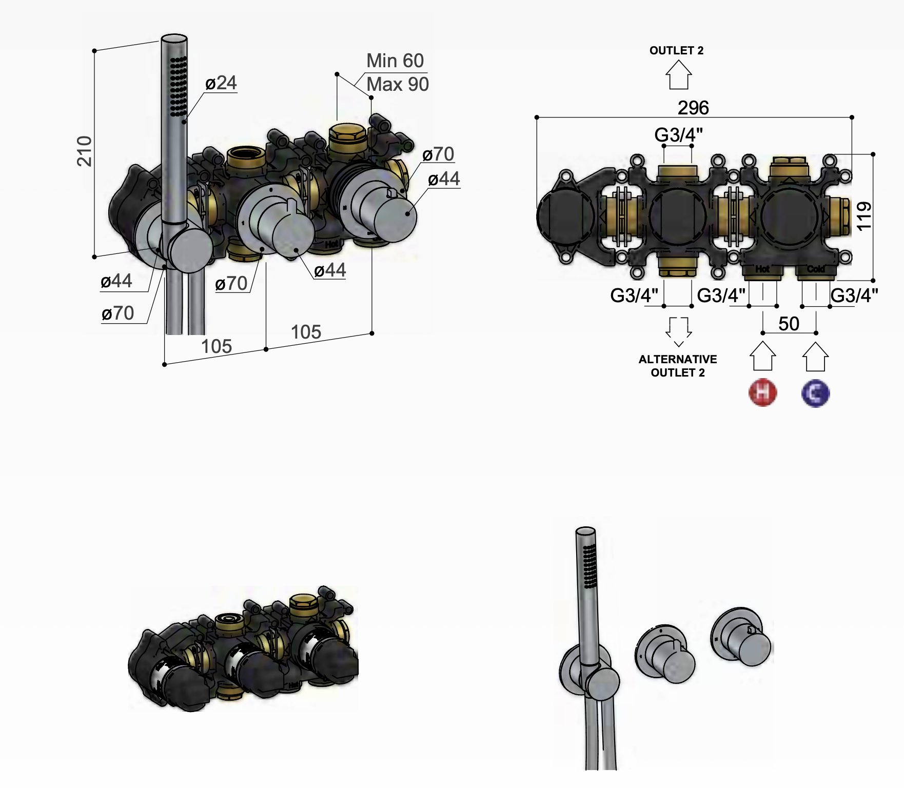 Hotbath Ace Afbouwdeel Inbouwthermostaat - Met 2 Stopkranen - Geborsteld koper PVD - AC071EXTBCP - Afbeelding 2