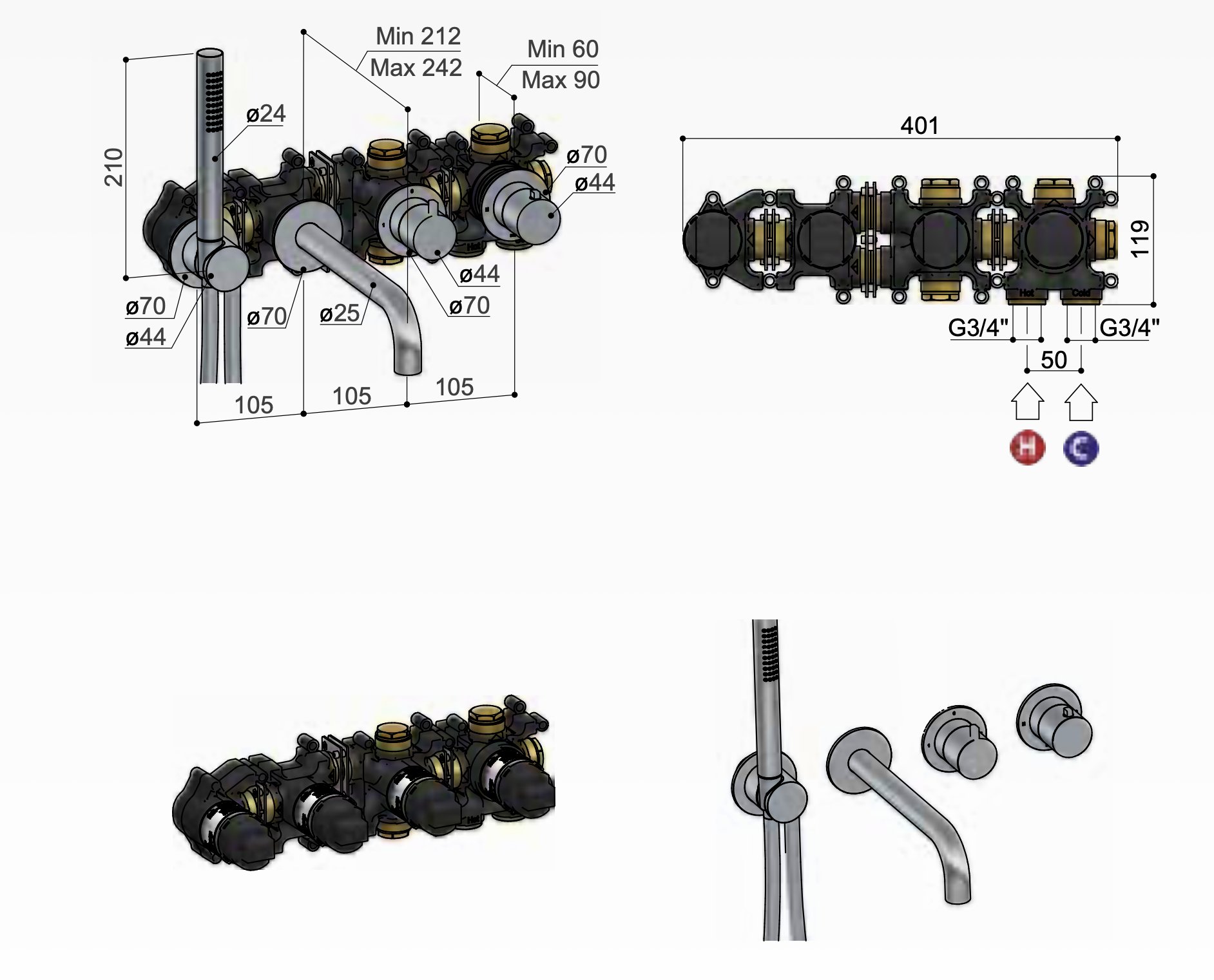 Hotbath Ace Inbouw badkraan - Met Uitloop - Geborsteld nikkel - AC072EXTGN - Afbeelding 2