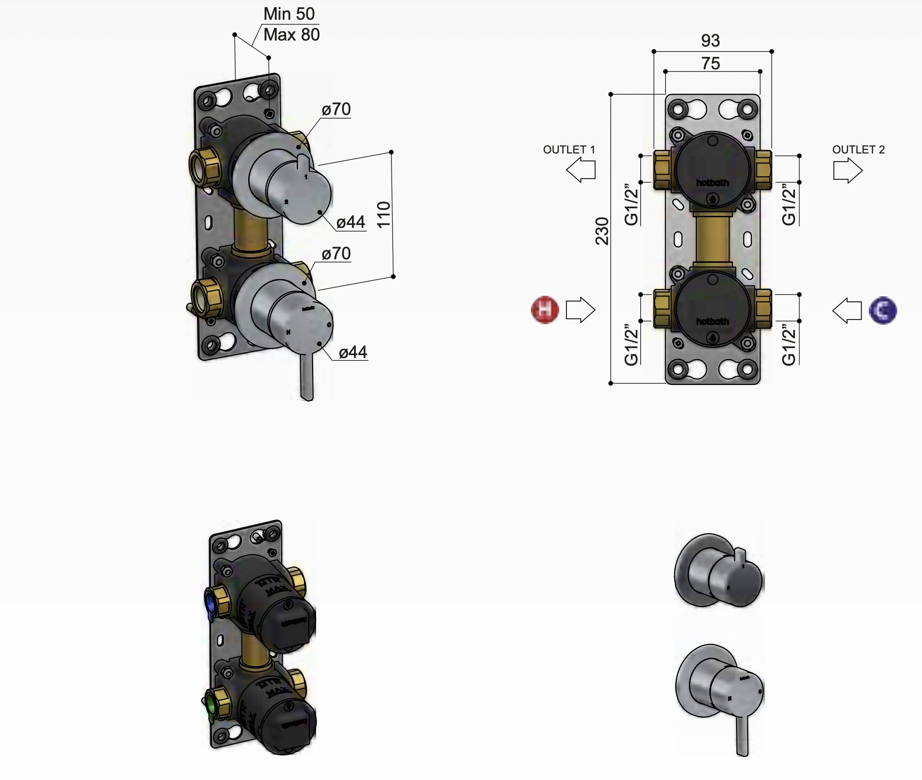 Hotbath Ace Thermostaat Set - Met 2 Stopkranen - Gepolijst zwart PVD - AC129EXTPBP - Afbeelding 2