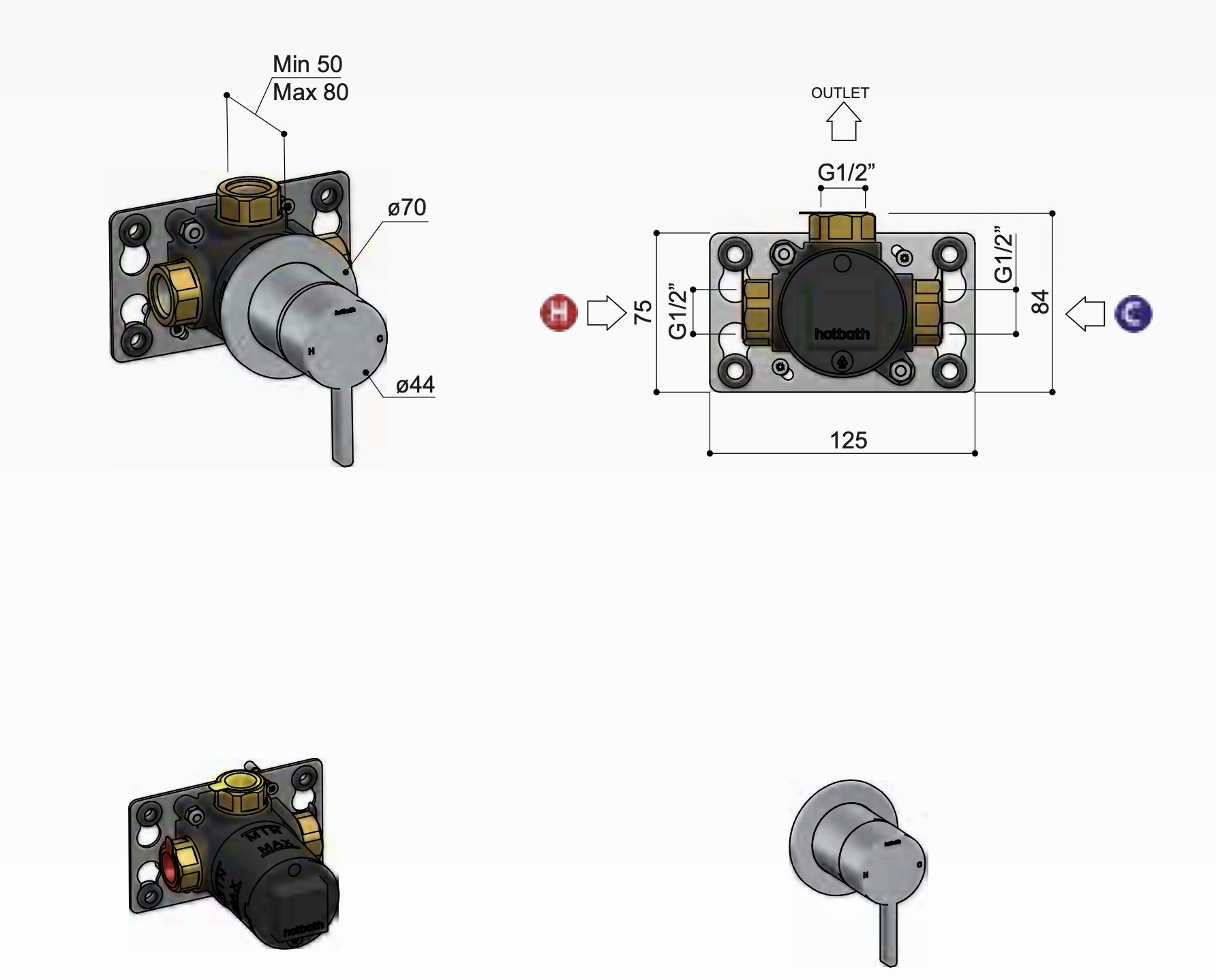Hotbath Ace Inbouw Douchemengkraan - Geborsteld nikkel - AC131EXTGN - Afbeelding 2