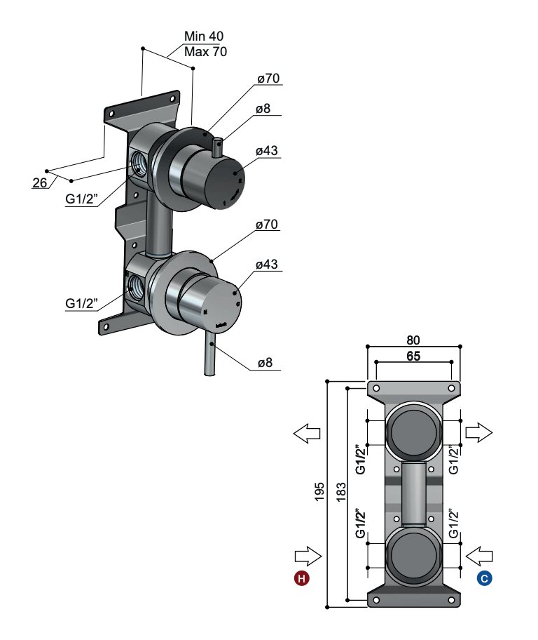 Hotbath Archie Thermostaat Set - Met 2 Stopkranen - Geborsteld messing PVD - AR029BBP - Afbeelding 2