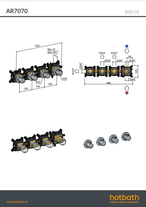 Hotbath Archie Thermostaat Set - Met 3 Stopkranen - Geborsteld messing PVD - AR7070EXTBBP - Afbeelding 2