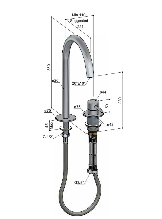 Hotbath Buddy B123H wastafelkraan 2-gats hoog - Geborsteld koper PVD - B123HBCP - Afbeelding 2