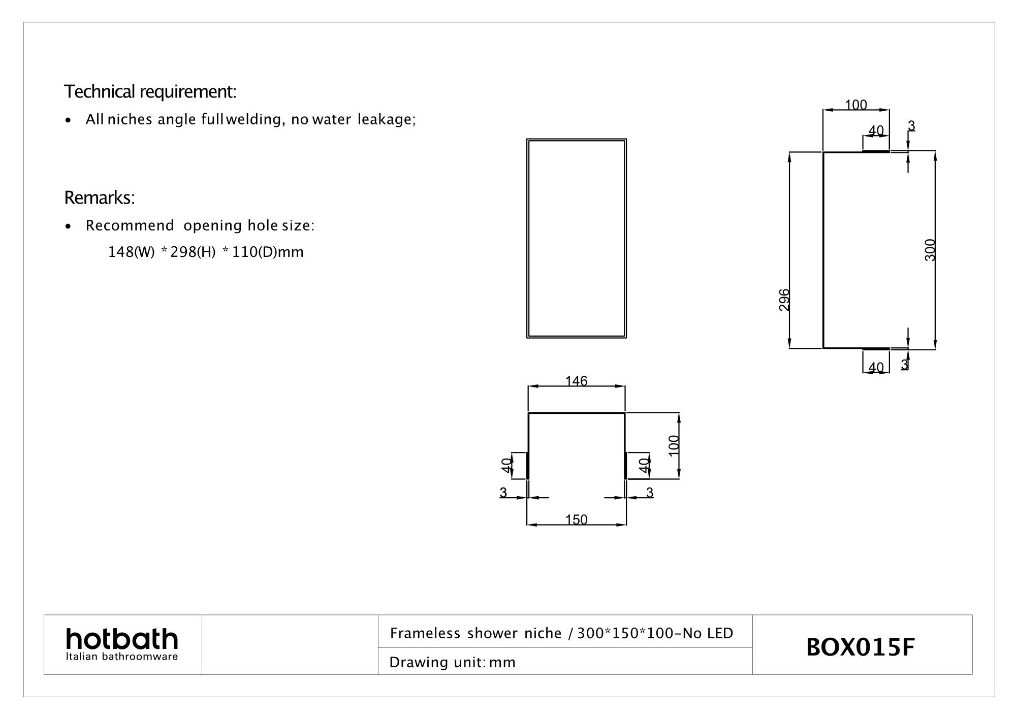 Hotbath &More inbouwnis 30x15x10cm - zonder frame - RVS 316 - BOX015FIX - Afbeelding 3