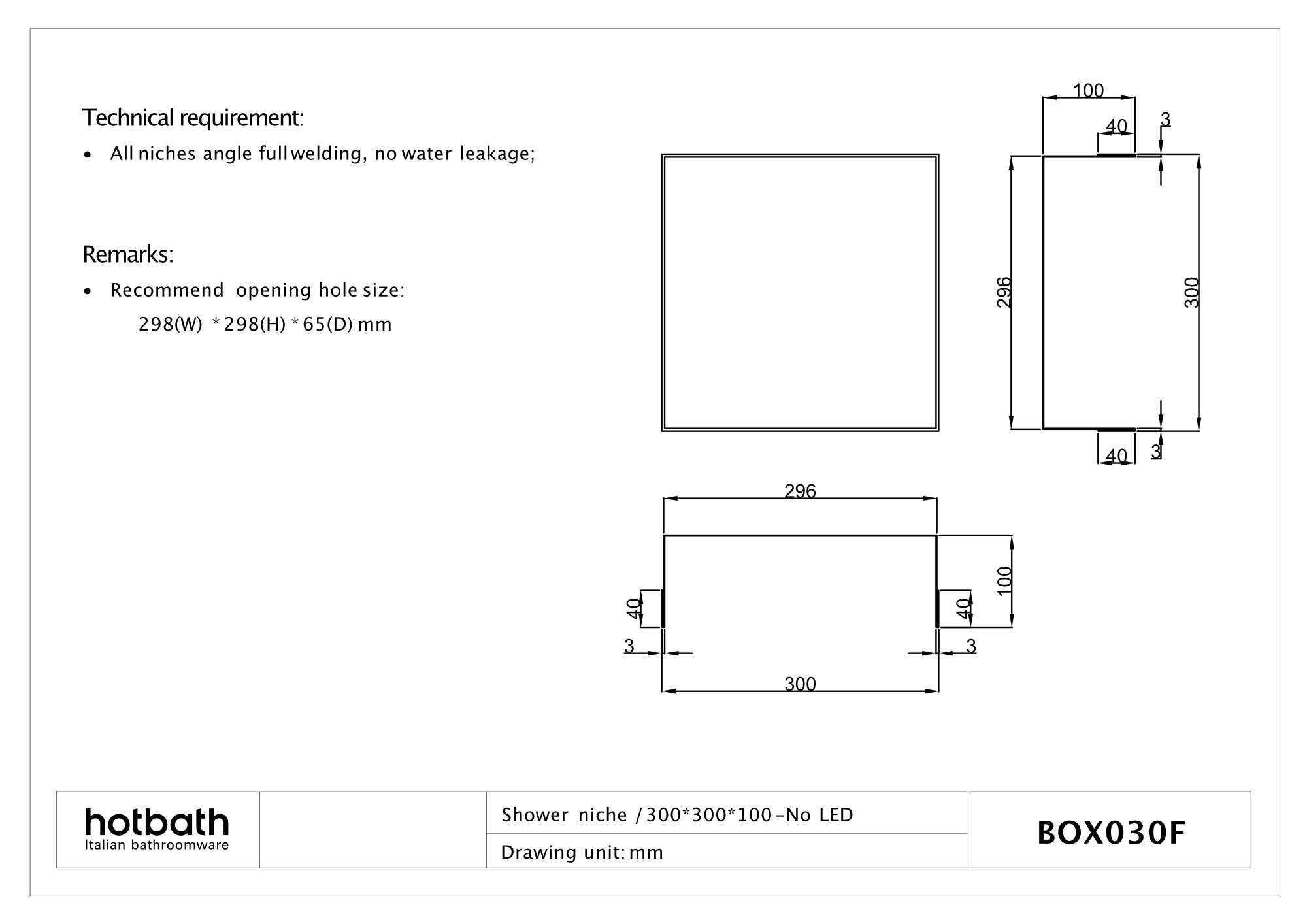 Hotbath &More inbouwnis 30x30x10cm - zonder frame - RVS 316 - BOX030FIX - Afbeelding 3