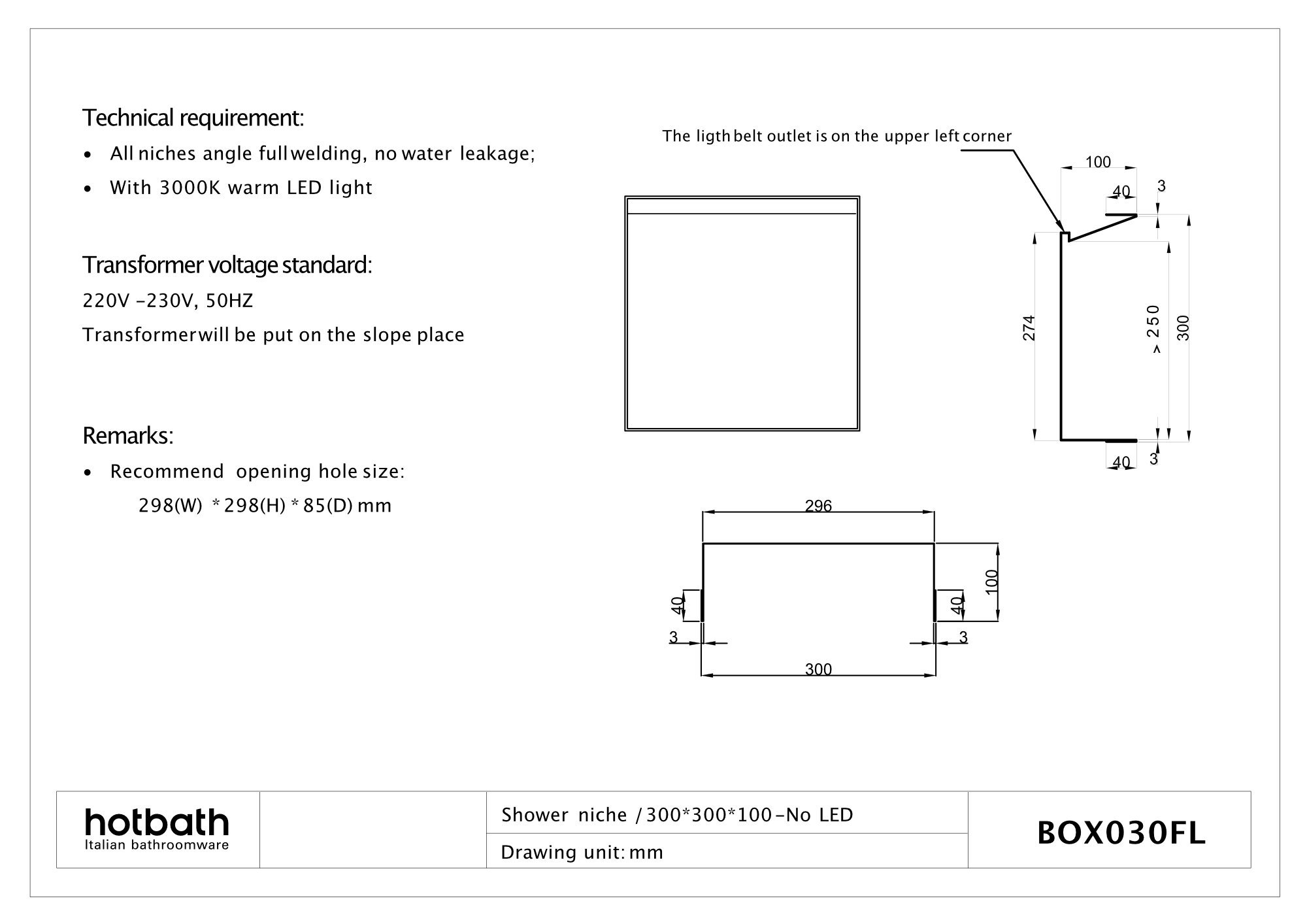 Hotbath &More inbouwnis 30x30x10cm - zonder frame - LED verlichting - geborsteld gunmetal PVD - BOX030FLBGP - Afbeelding 3
