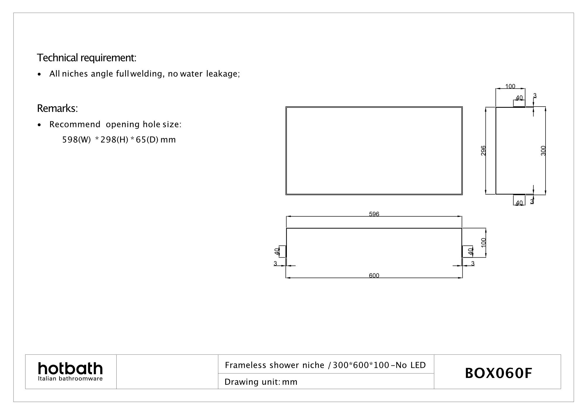 Hotbath &More inbouwnis 30x60x10cm - zonder frame - RVS 316 - BOX060FIX - Afbeelding 3