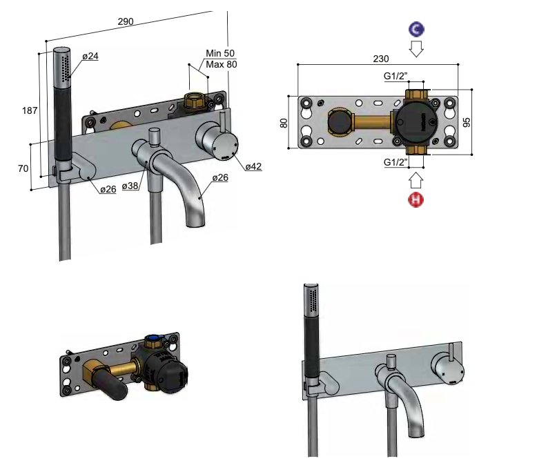 Hotbath Cobber CB126EXT afbouwdeel voor inbouw badmengkraan - geborsteld koper PVD - CB127EXTBCP - Afbeelding 2