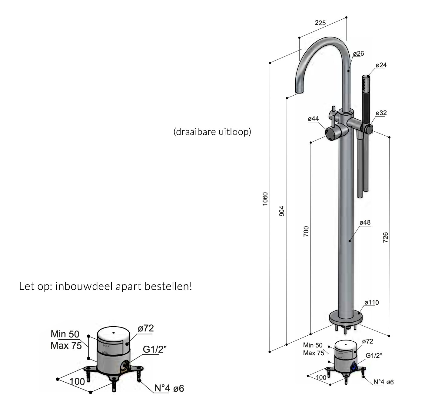 Hotbath Cobber CB177EXT afbouwdeel voor vrijstaande badmengkraan - geborsteld zwart PVD - CB187EXTMBP - Afbeelding 2