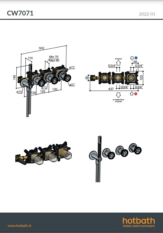Hotbath Cobber @work Thermostaat Set - Met 2 Stopkranen - Geborsteld nikkel - CW7071EXTGN - Afbeelding 2