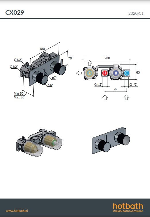 Hotbath Cobber X Afbouwdeel Inbouwthermostaat - Met 2 Stopkranen - Geborsteld messing PVD - CX029EXTBBP - Afbeelding 3