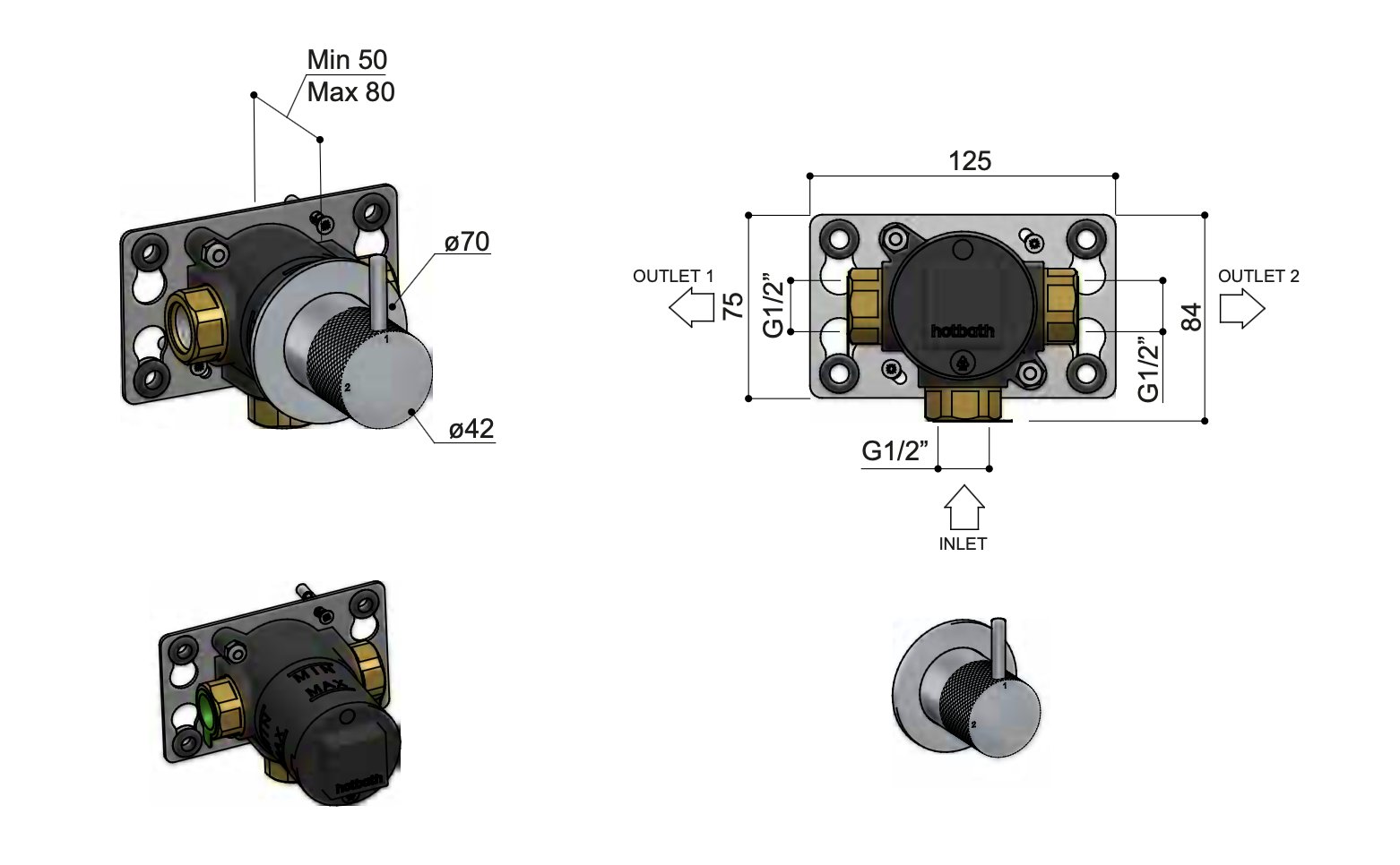 Hotbath Cobber X CX111EXT afbouwdeel voor inbouw 2-weg omstel - geborsteld zwart PVD - CX111EXTMBP - Afbeelding 2