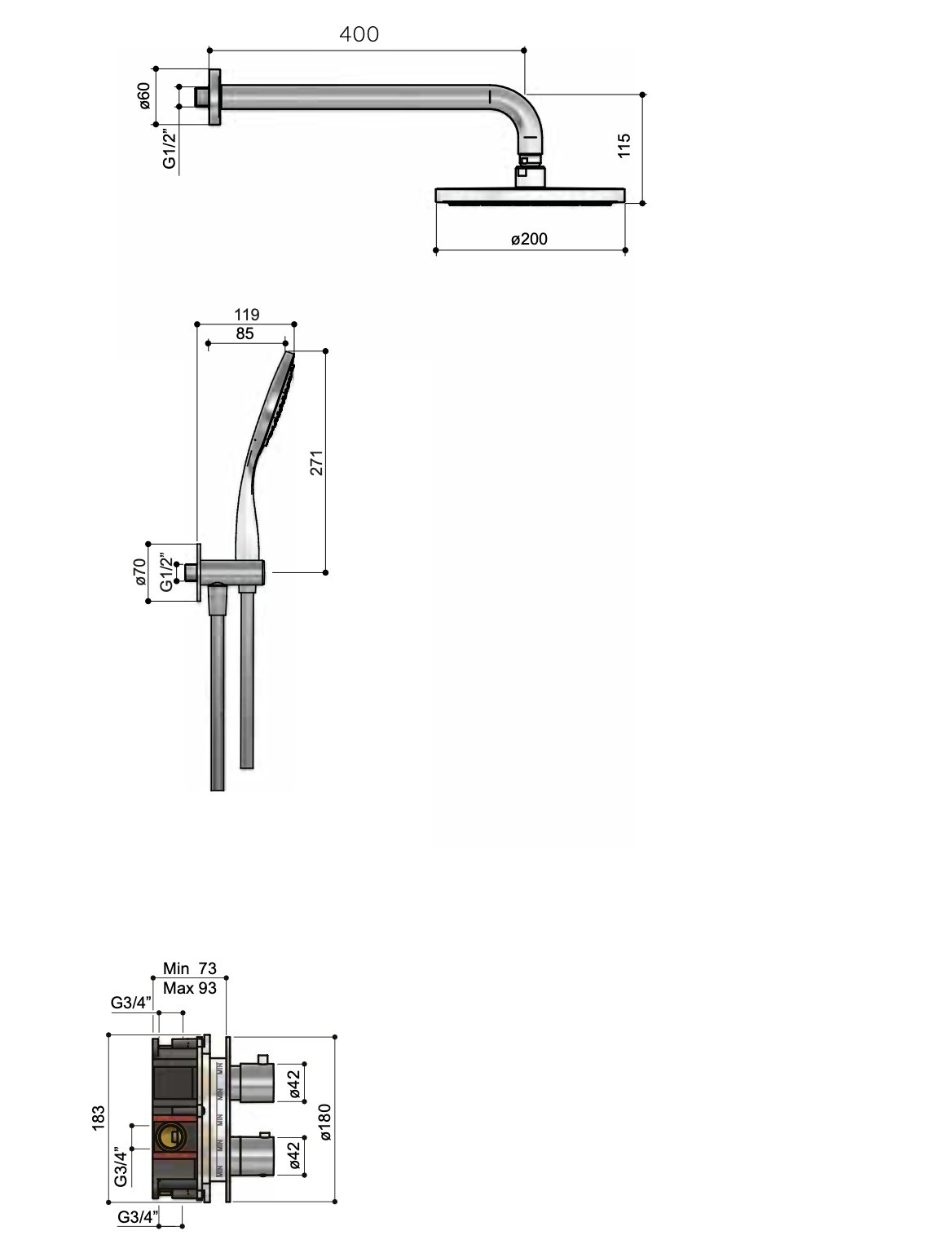 Hotbath Buddy IBS12A inbouw doucheset - ronde handdouche - 20cm hoofddouche - 30cm plafondbuis - glijstang - geborsteld zwart PVD - IBS12AMBP37 - Afbeelding 2