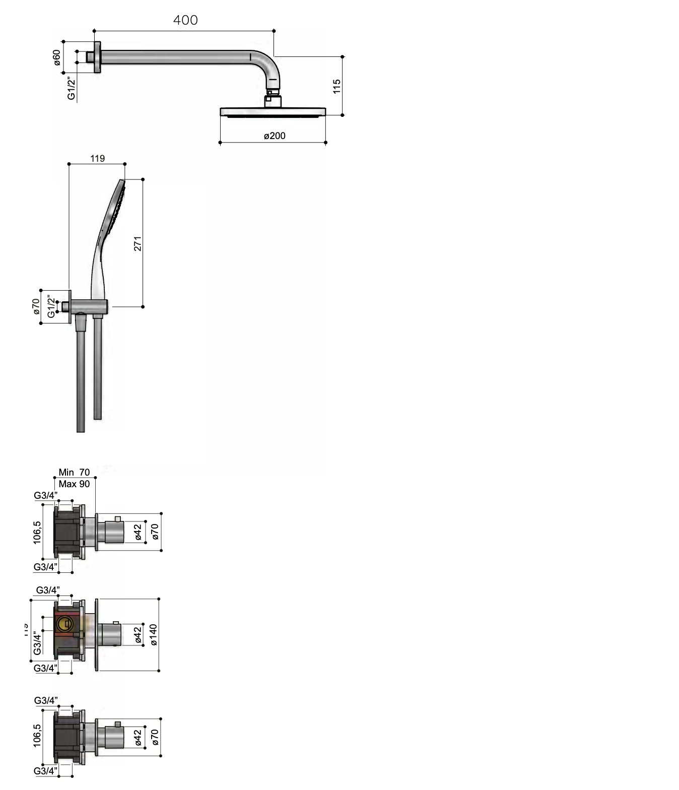 Hotbath Buddy IBS12 inbouw doucheset - 3-standen handdouche - 30cm hoofddouche - 15cm plafondbuis - glijstang - geborsteld zwart PVD - IBS12MBP1257 - Afbeelding 2