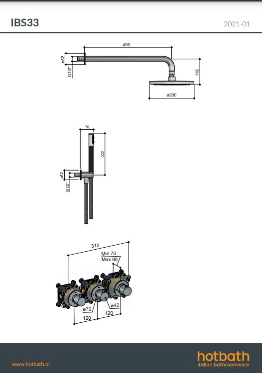 Hotbath Archie IBS33 inbouw doucheset RVS 316 - Geborsteld Messing PVD - Staaf handdouche - 20cm hoofddouche (1,5cm) - Wandarm - IBS33BBP - Afbeelding 2