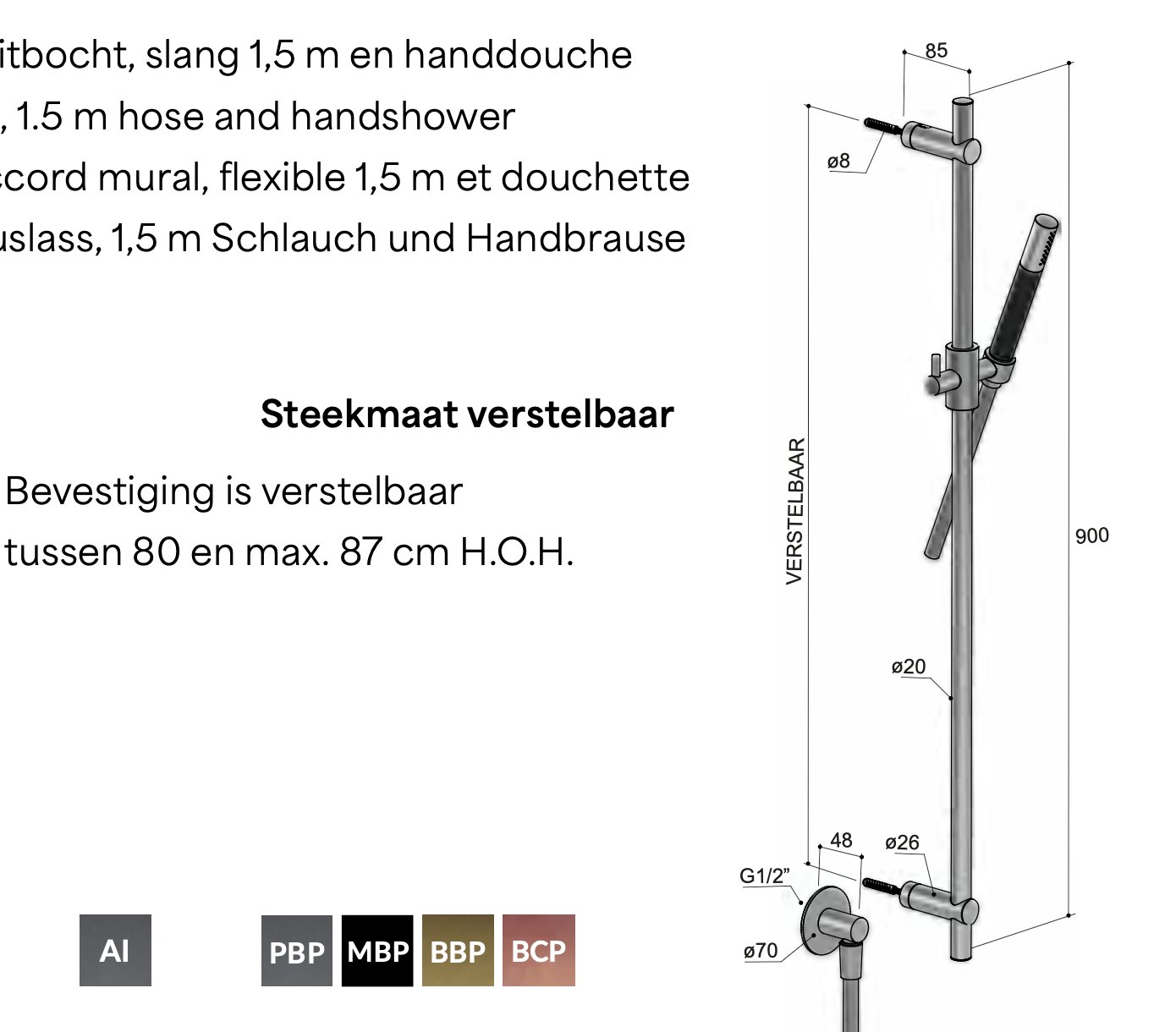 Hotbath Cobber M307 glijstangset 90cm staafhanddouche - geborsteld zwart PVD - M317MBP - Afbeelding 2