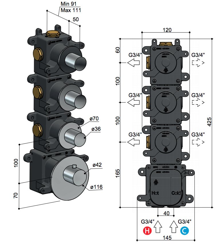 Hotbath Mate Thermostaat Set - Met 3 Stopkranen - Geborsteld nikkel - MHR3GN - Afbeelding 3