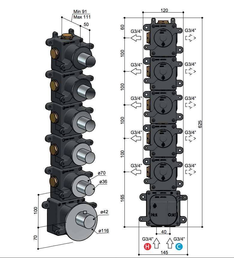 Hotbath Mate Thermostaat Set - Met 5 Stopkranen - Geborsteld nikkel - MHR5GN - Afbeelding 4