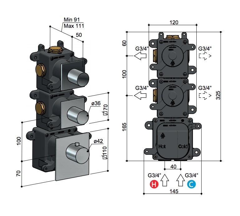 Hotbath Mate Thermostaat Set - Met 2 Stopkranen - Geborsteld nikkel - MHRQ2GN - Afbeelding 3