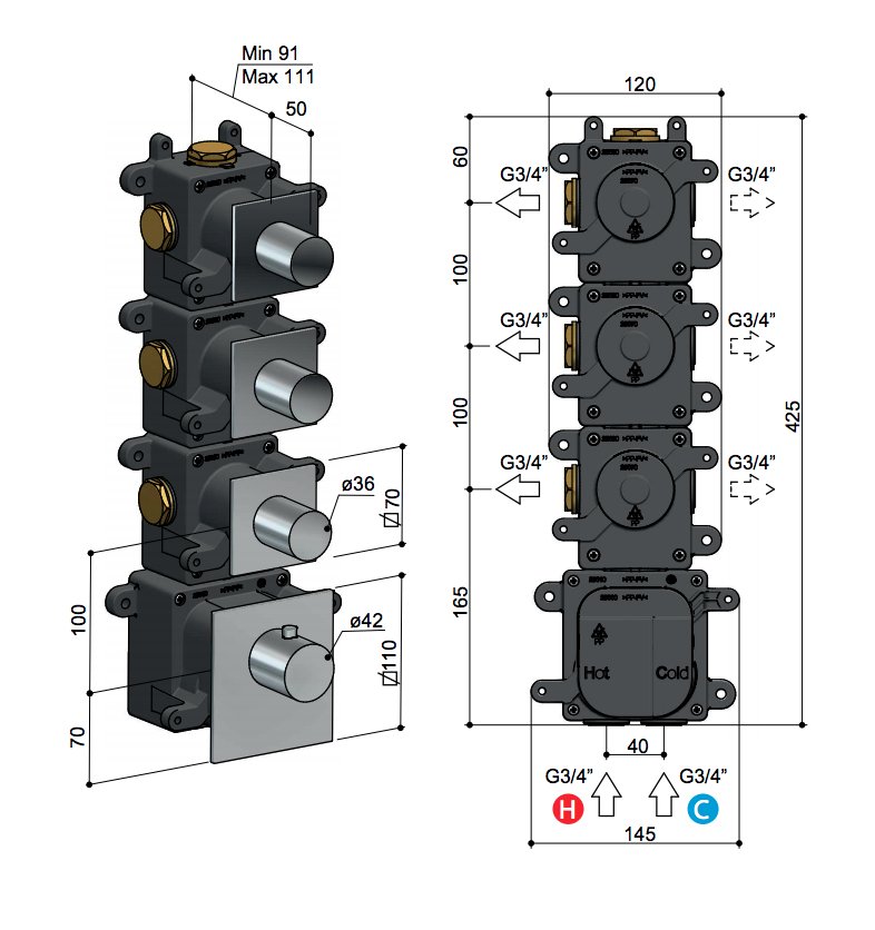 Hotbath Mate Thermostaat Set - Met 3 Stopkranen - Chroom - MHRQ3CR - Afbeelding 3