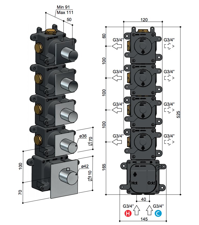 Hotbath Mate Thermostaat Set - Met 4 Stopkranen - Geborsteld nikkel - MHRQ4GN - Afbeelding 3