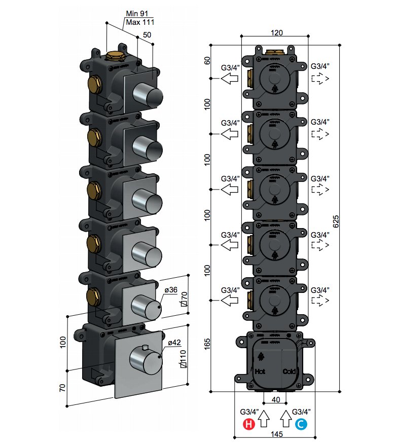 Hotbath Mate Thermostaat Set - Met 5 Stopkranen - Chroom - MHRQ5CR - Afbeelding 3