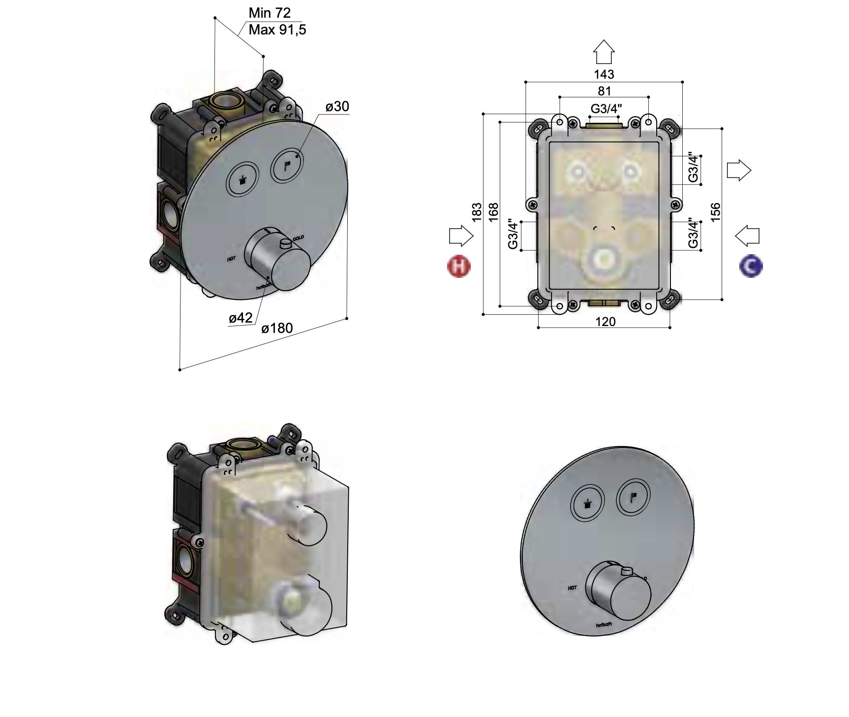 Hotbath Cobber PB009EXT afbouwdeel voor inbouw thermostaat met 2 pushbuttons - Geborsteld zwart PVD - PB009EXTMBP - Afbeelding 2