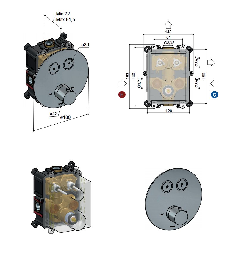 Hotbath Cobber Afbouwdeel Inbouwthermostaat - Met 2 Stopkranen - Mat wit - PB009EXTWH - Afbeelding 2
