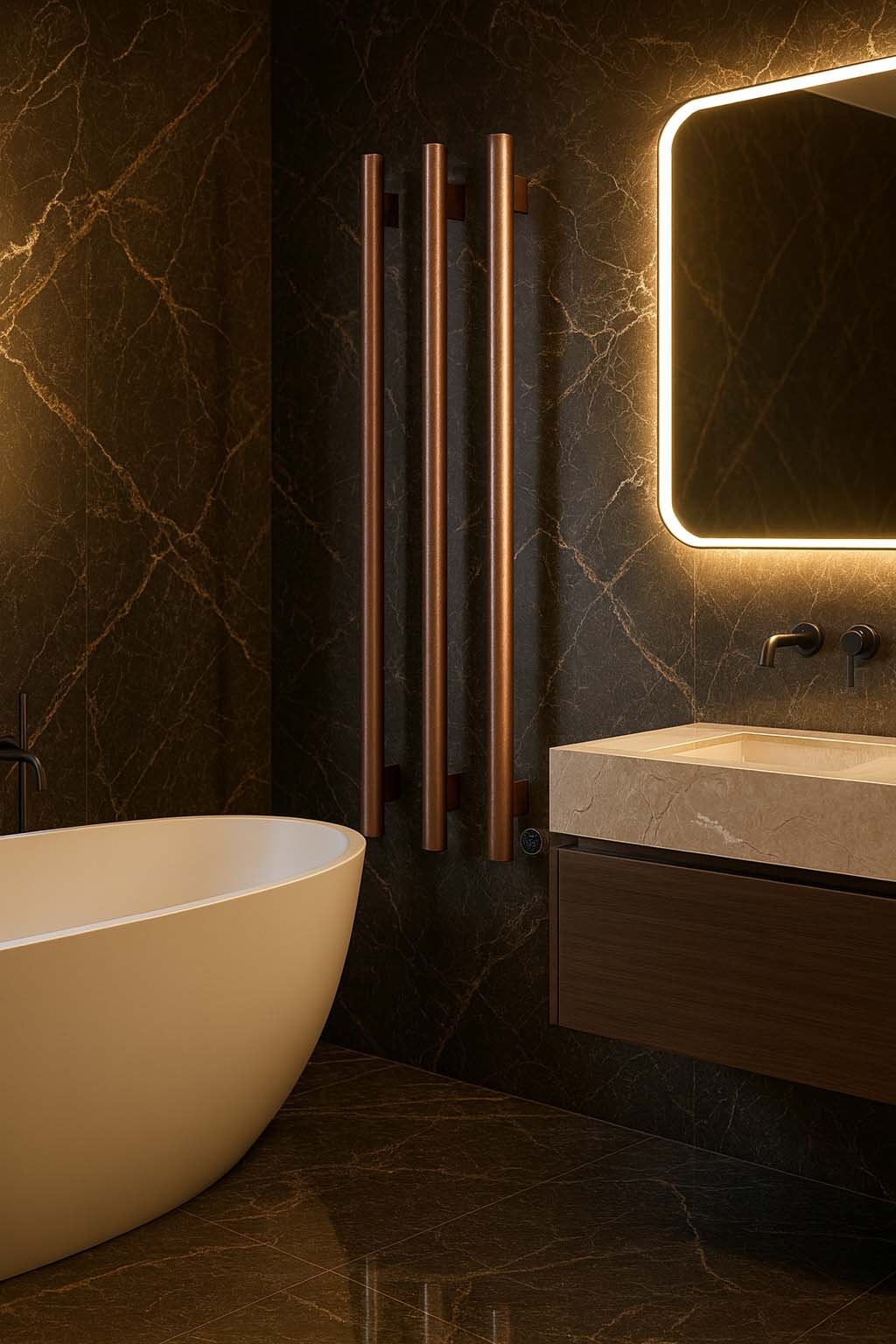 Hotbath &More Rails RARV135 Round handdoekwarmerset 135cm - 3 stangen - geborsteld koper PVD - RARV135-3BCP - Afbeelding 2