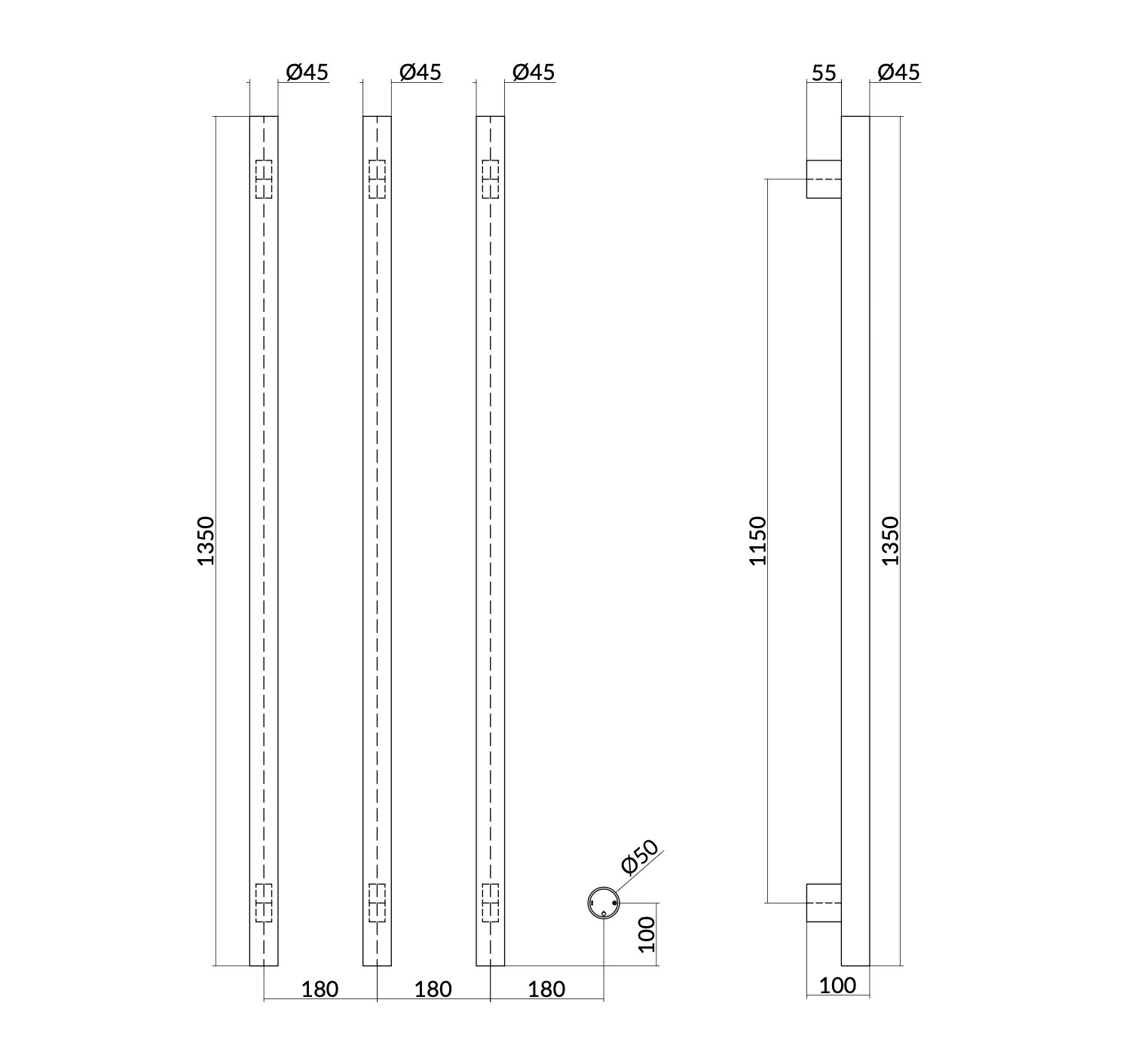 Hotbath &More Rails RARV135 Round handdoekwarmerset 135cm - 3 stangen - geborsteld koper PVD - RARV135-3BCP - Afbeelding 3