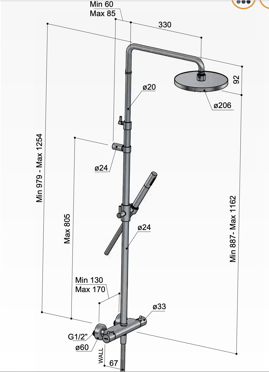 Hotbath Ace Regendoucheset - 20,6 cm - Staafmodel Handdouche - Geborsteld nikkel - SDS11GN - Afbeelding 2