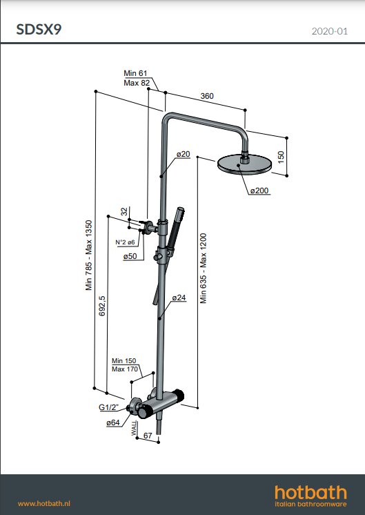 Hotbath Cobber X Regendoucheset - 20 cm Hoofddouche - Staafmodel Handdouche - Geborsteld nikkel - SDSX9GN - Afbeelding 3