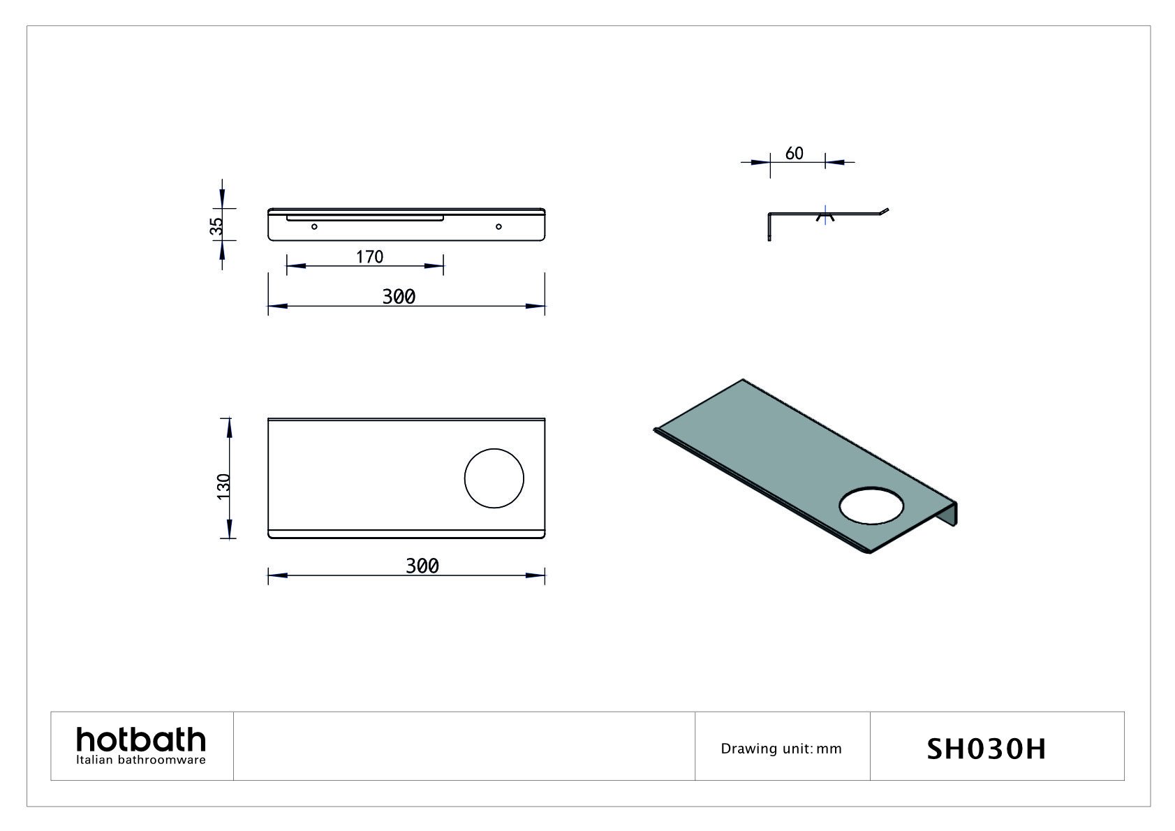 Hotbath &More planchet 30cm - 1 uitsparing - mat wit - SH030HWH - Afbeelding 2