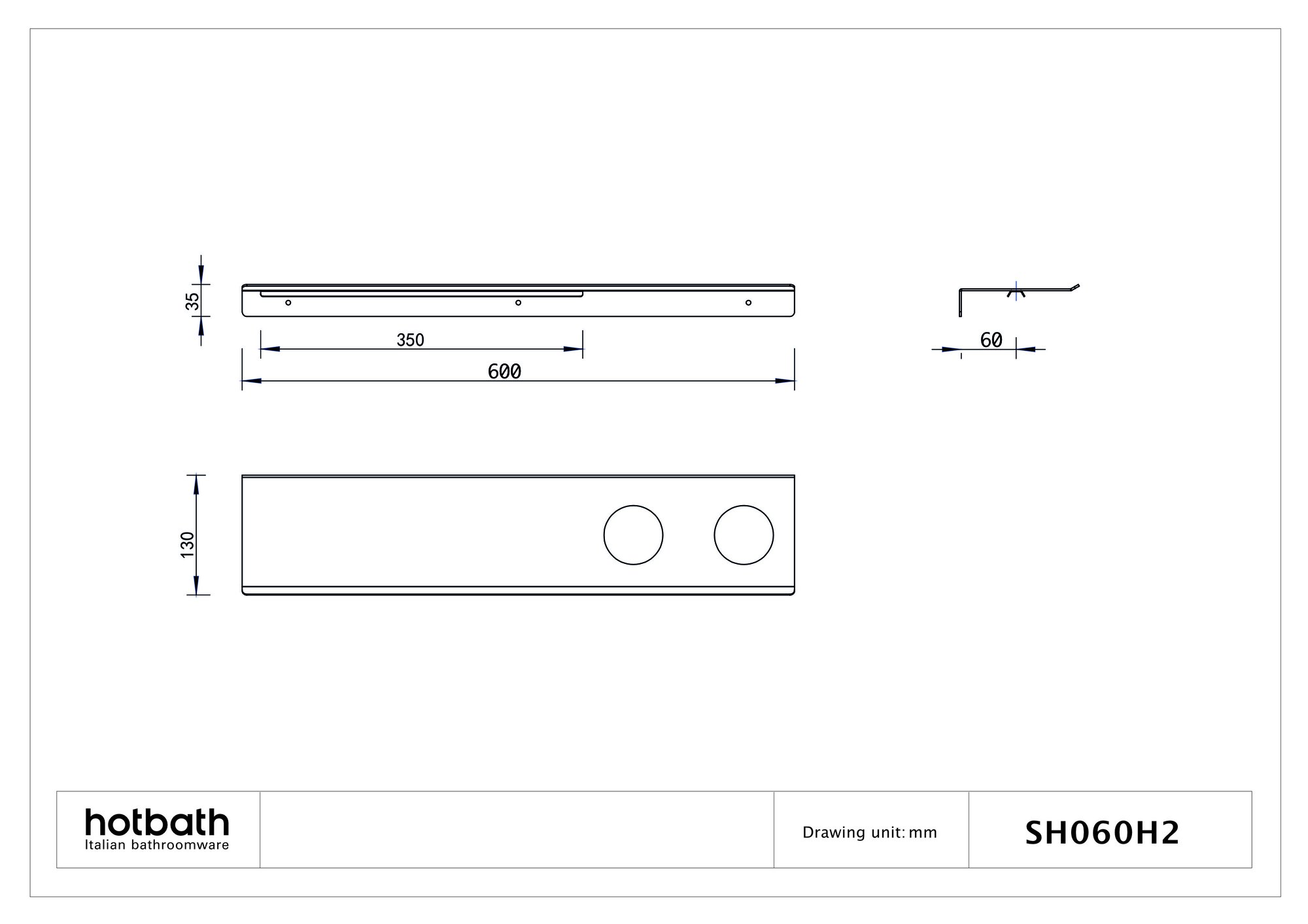 Hotbath &More planchet 60cm - 2 uitsparingen - mat wit - SH060H2WH - Afbeelding 2