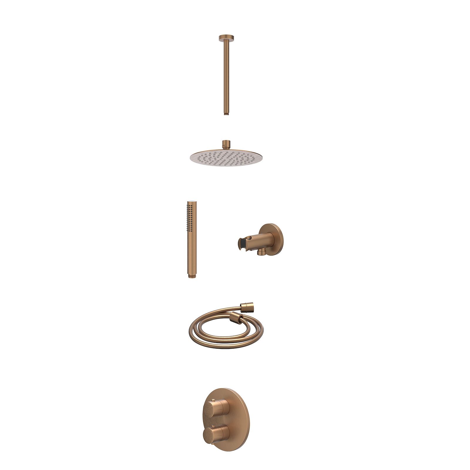IVY Bond Regendoucheset inbouw 2-weg - 20cm slim - plafond 30cm - wandhouder - staafhanddouche - excl. inbouwbox - Geborsteld mat koper