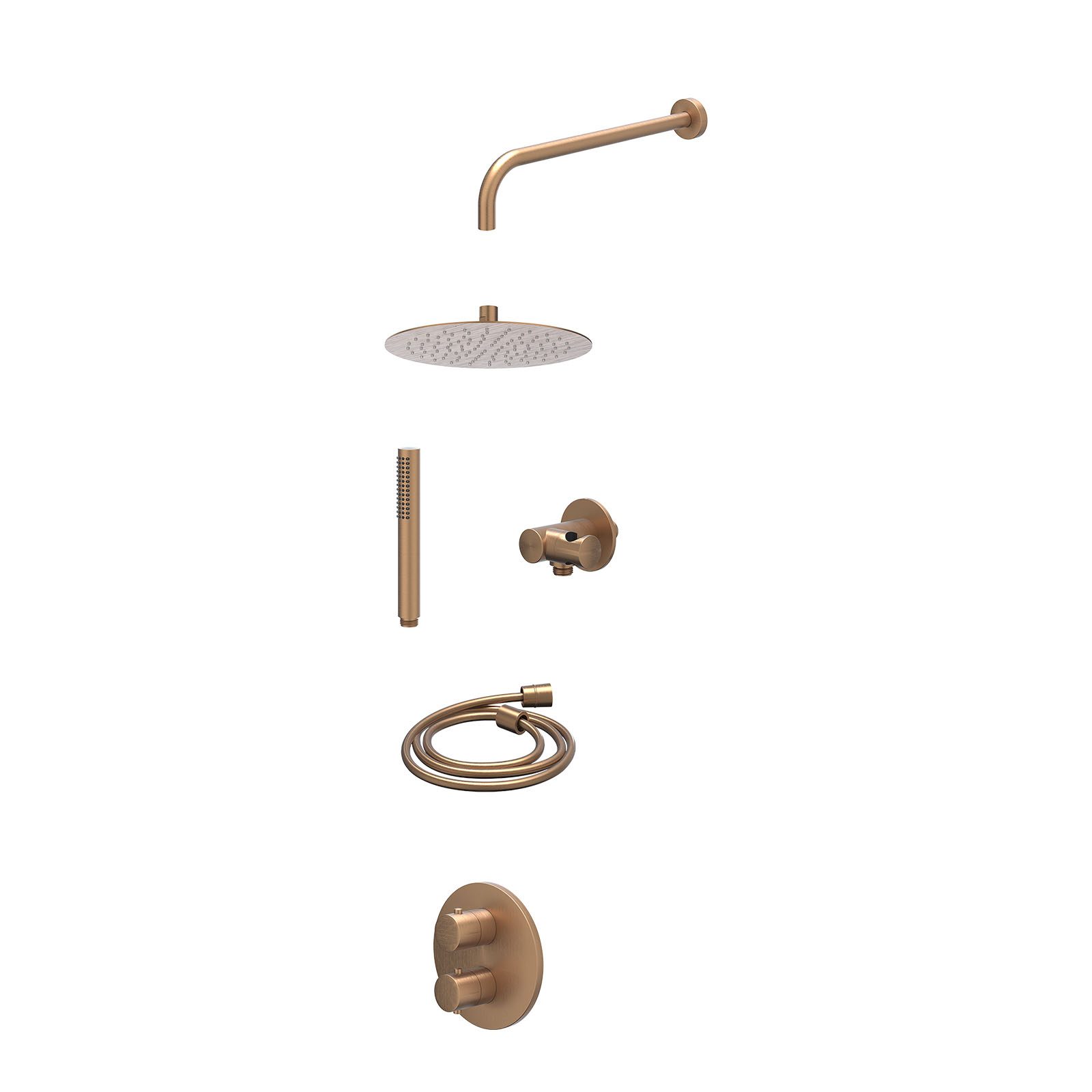 IVY Bond Regendoucheset inbouw 2-weg - 25cm slim - wandarm - verstelbare steun - staafhanddouche - excl. inbouwbox - Geborsteld mat koper