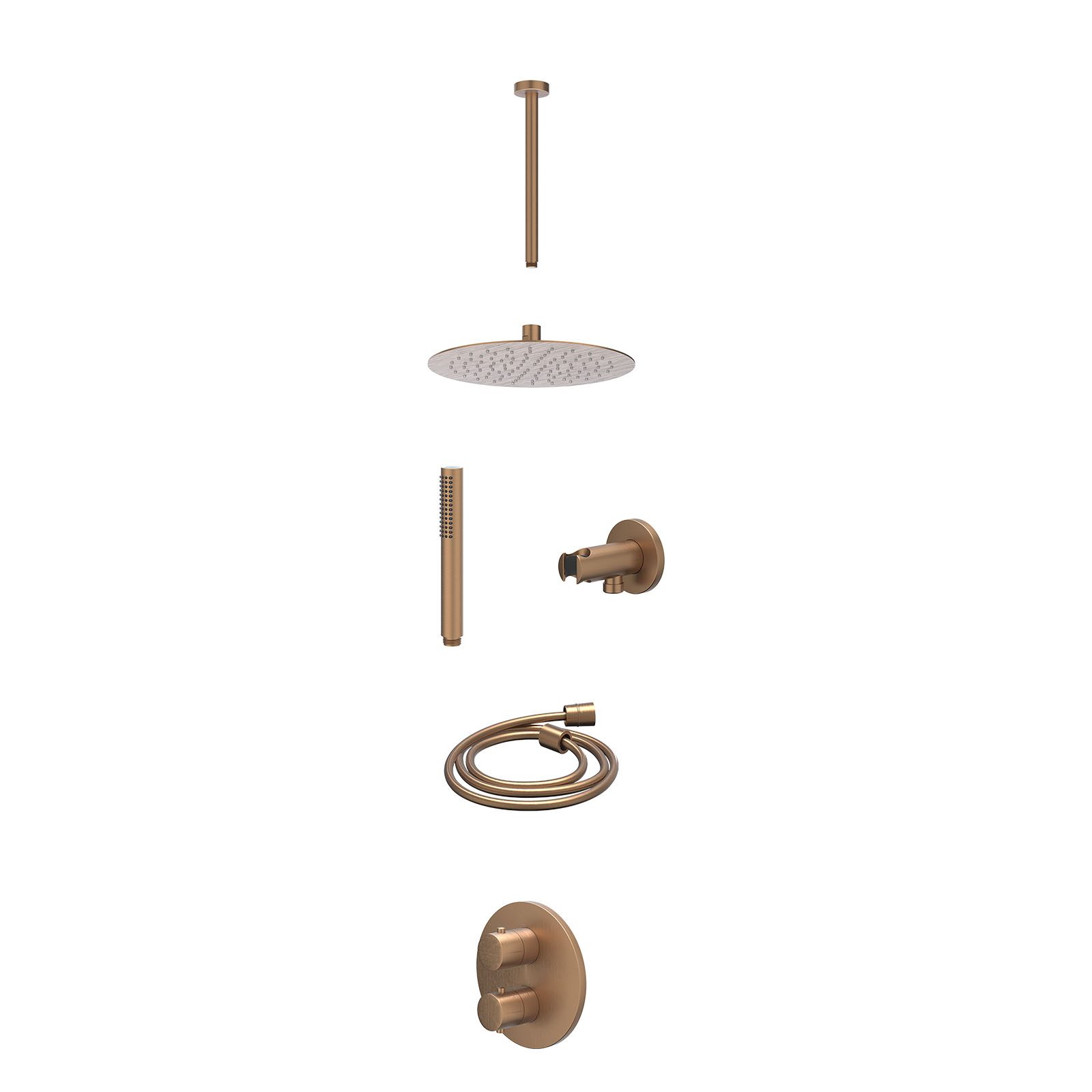 IVY Bond Regendoucheset inbouw 2-weg - 25cm slim - plafond 30cm - wandhouder - staafhanddouche - excl. inbouwbox - Geborsteld mat koper