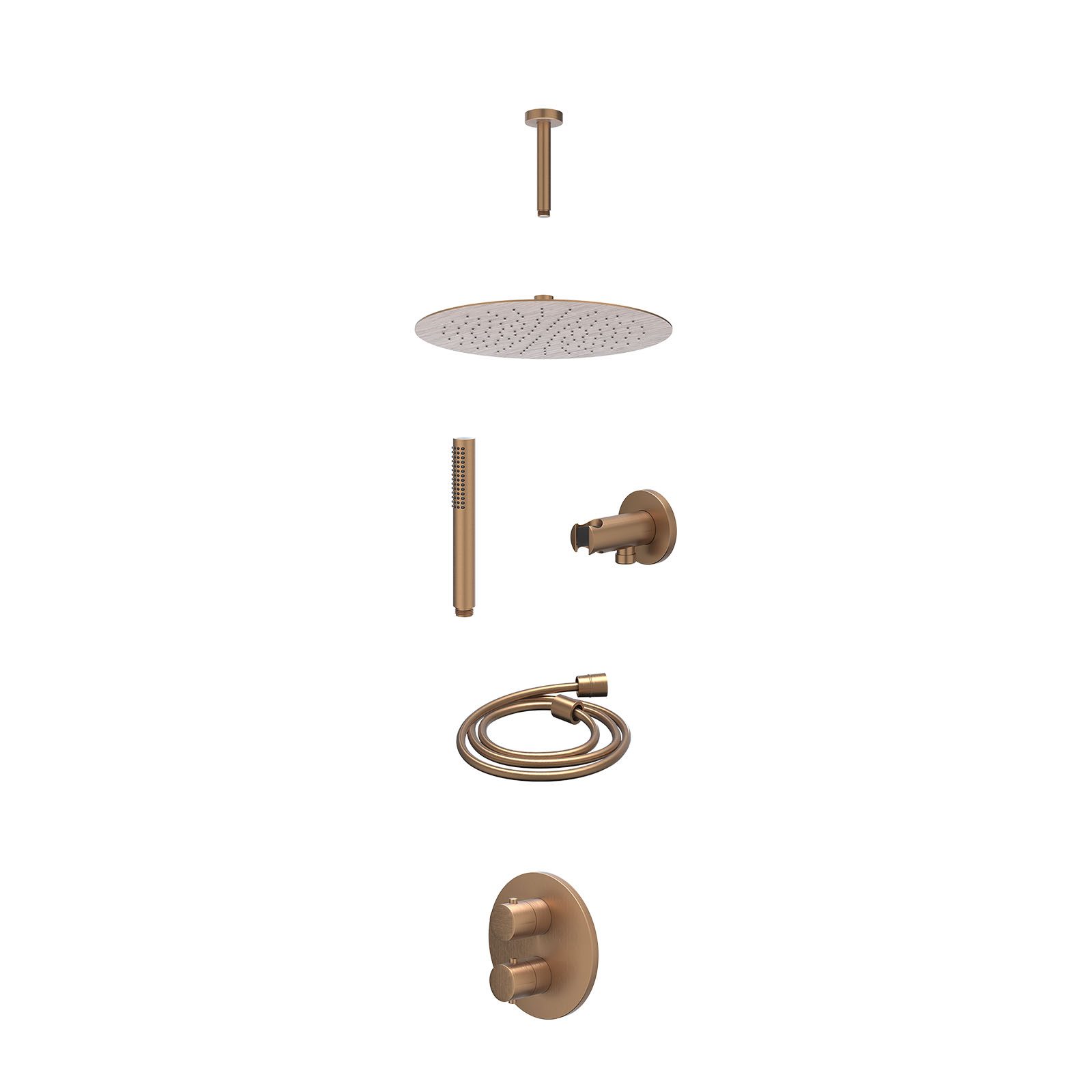 IVY Bond Regendoucheset inbouw 2-weg - 30cm slim - plafond 15cm - wandhouder - staafhanddouche - excl. inbouwbox - Geborsteld mat koper