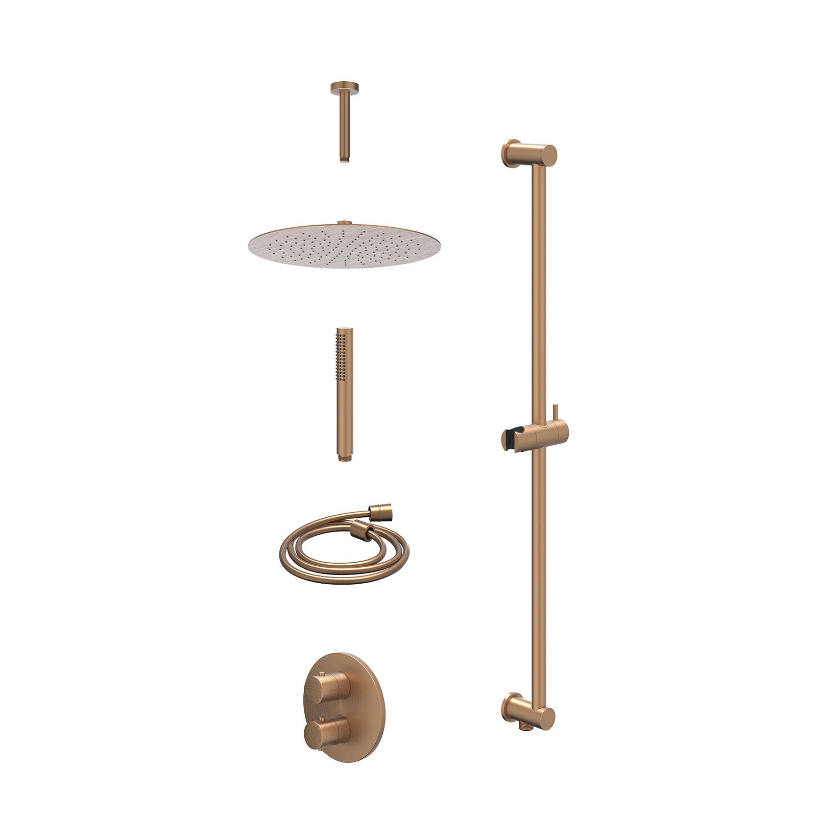 IVY Bond Regendoucheset inbouw 2-weg - 30cm slim - plafond 15cm - glijstang - staafhanddouche - excl. inbouwbox - Geborsteld mat koper