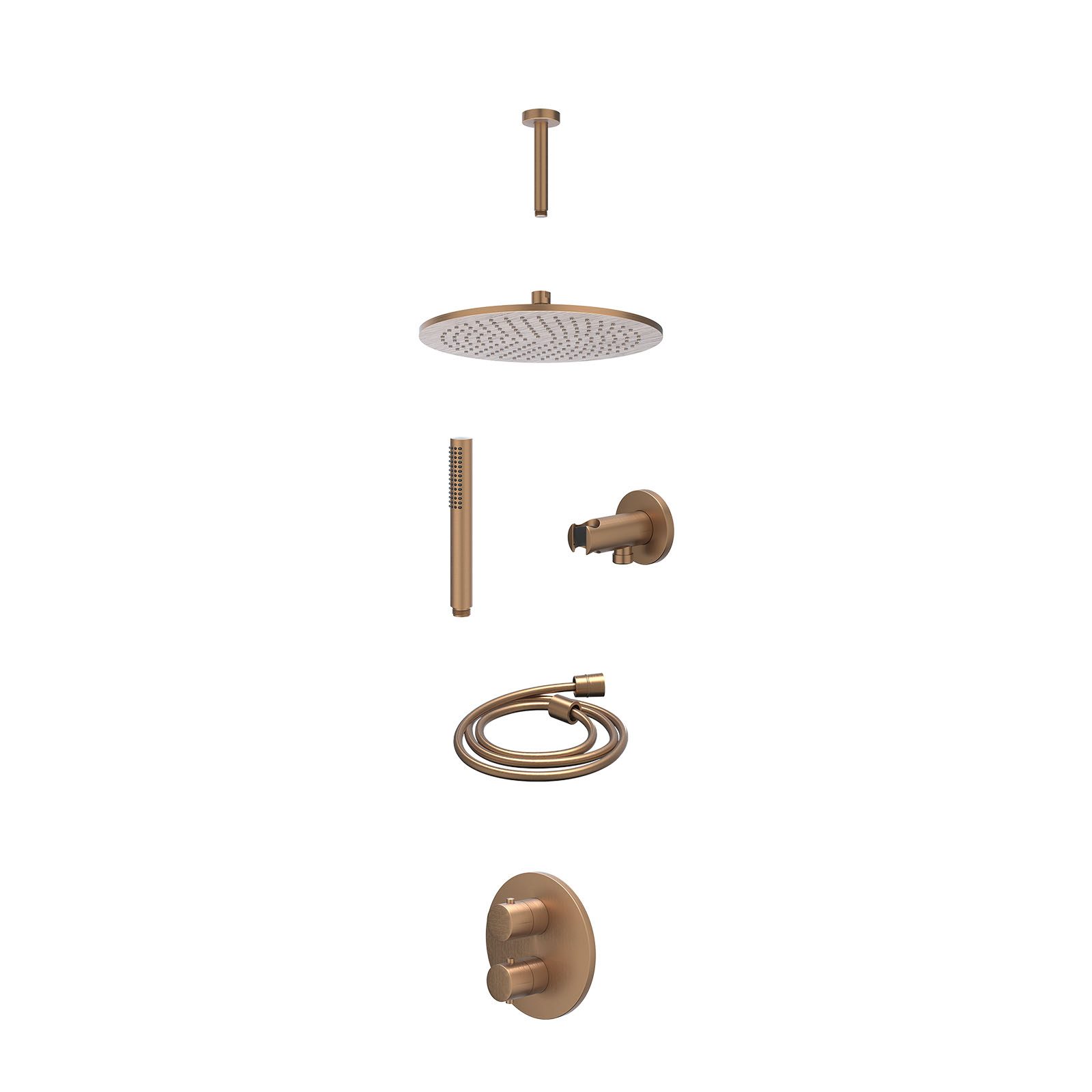 IVY Bond Regendoucheset inbouw 2-weg - 30cm medium - plafond 15cm - wandhouder - staafhanddouche - excl. inbouwbox - Geborsteld mat koper